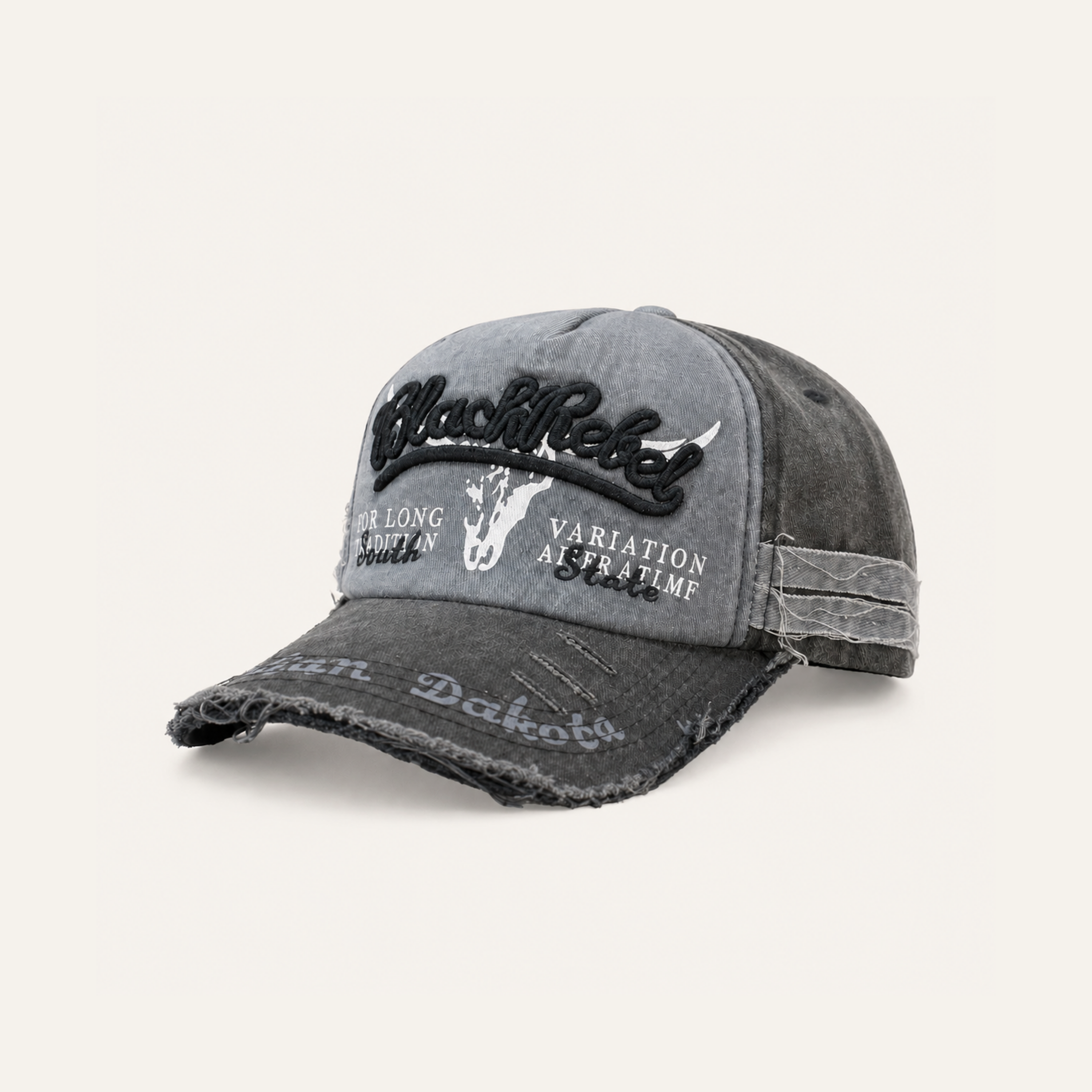 Grey Distressed Rebel Embroidered Cap