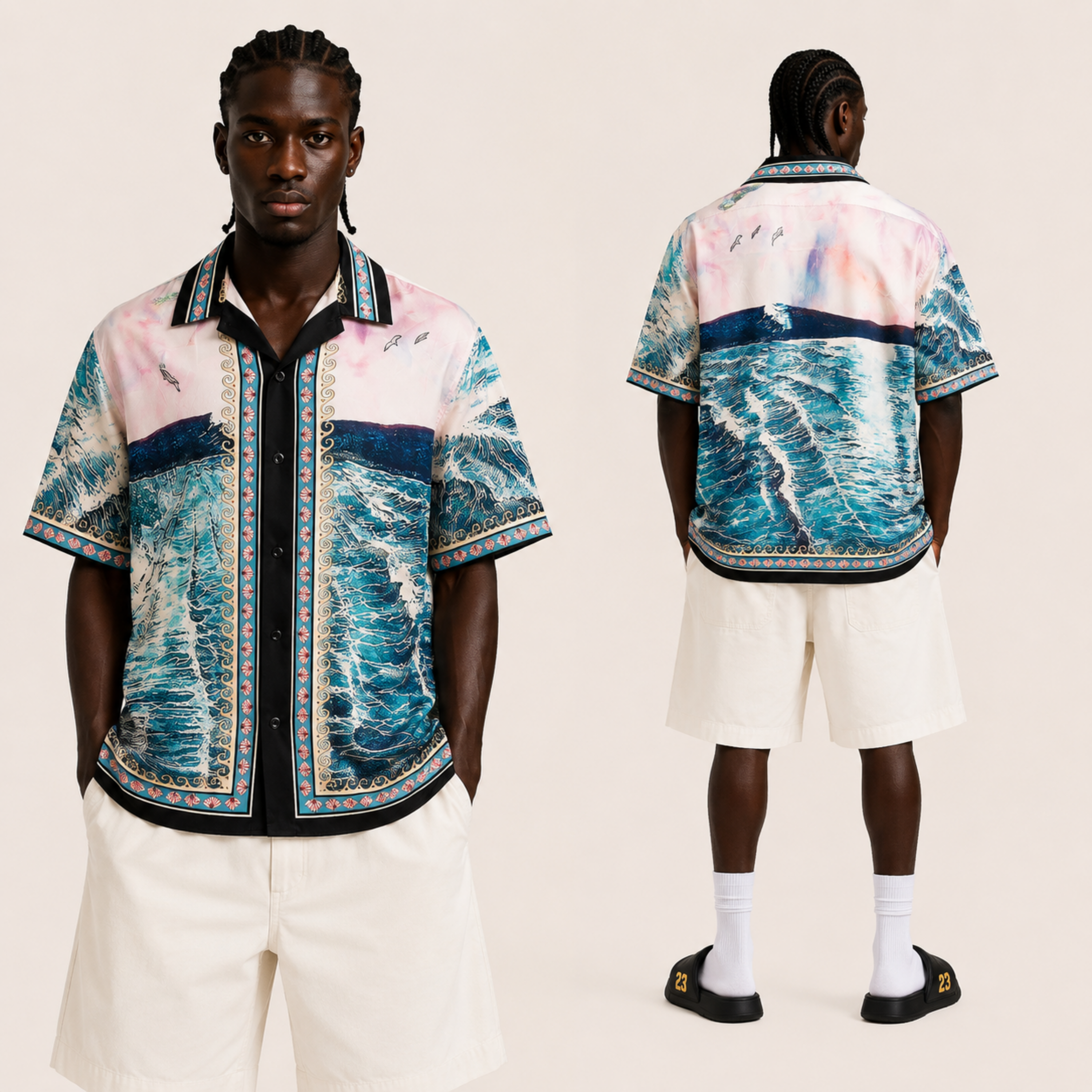 Ocean Wave Print Silk Turkish Shirt