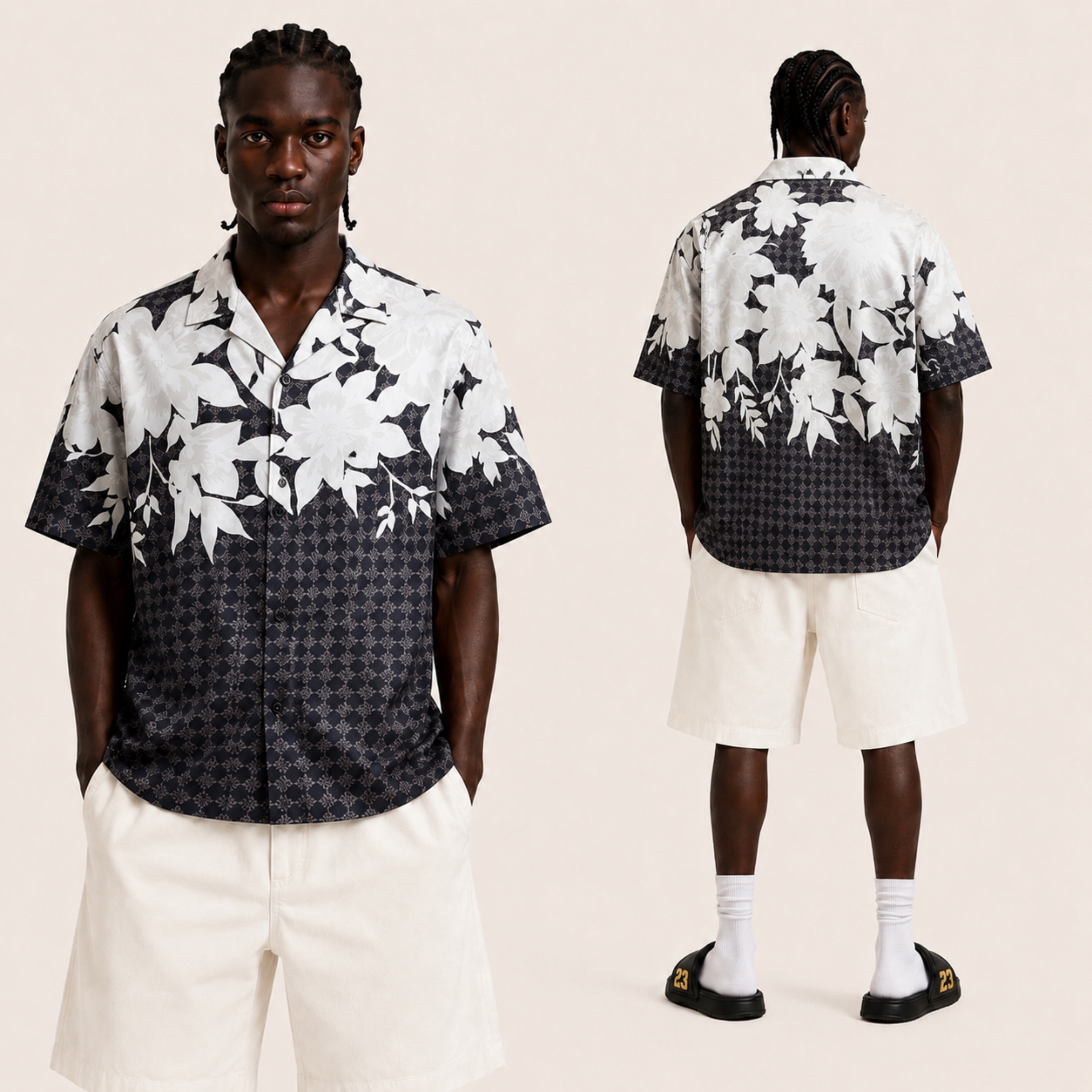 Charcoal Floral Panel Silk-Blend Turkish Shirt